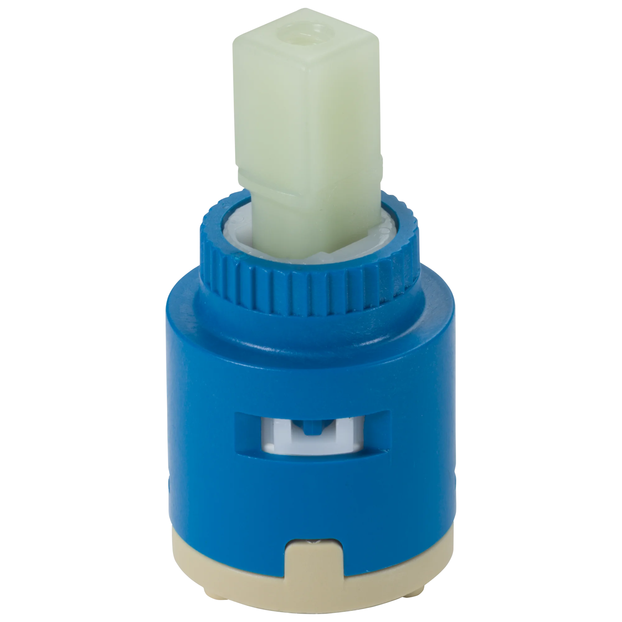 Blue and cream valve cartridge with pale green stem insert and threaded cap.
