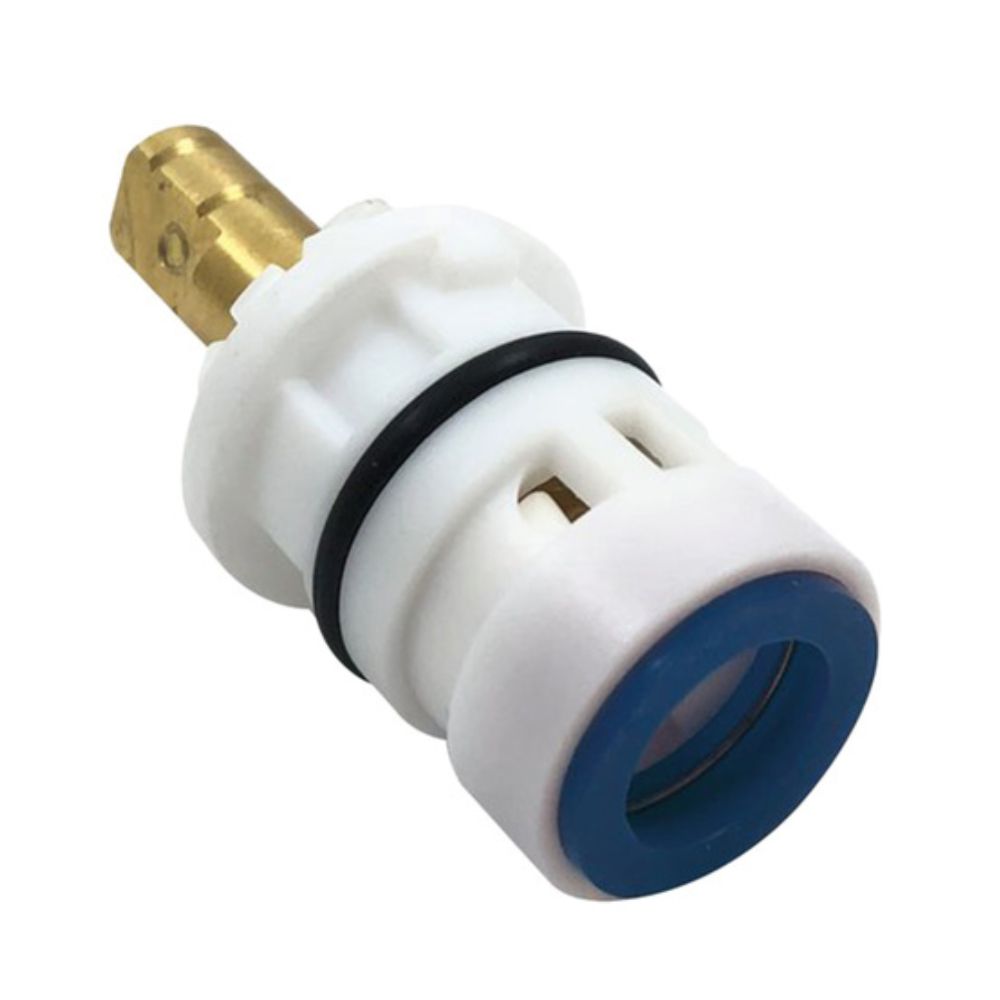 Peerless Apex chrome cartridge with brass stem, white body, black seal ring, and blue indicator collar.