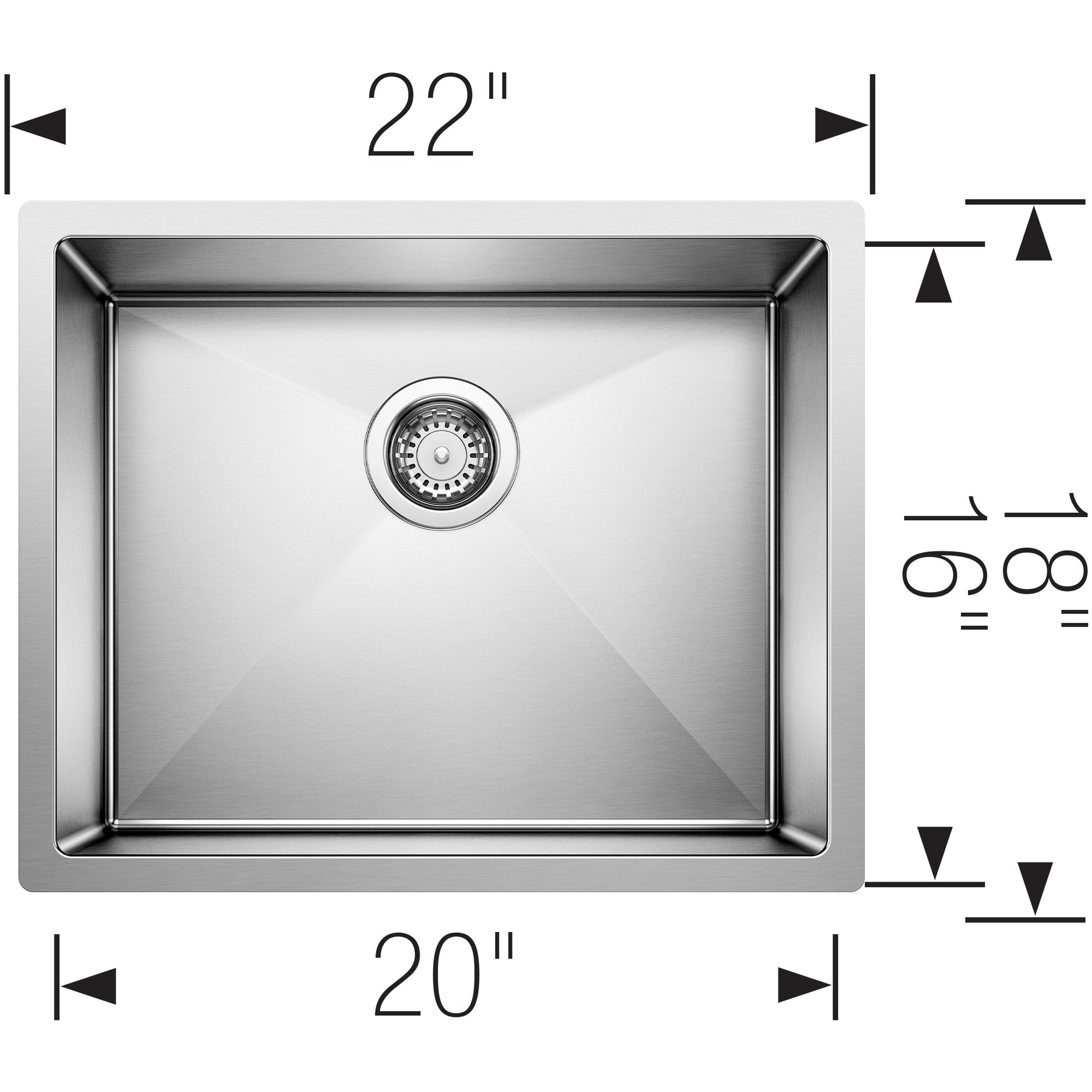 Rectangular single bowl stainless steel sink with drain strainer, 22" W x 20" interior width.