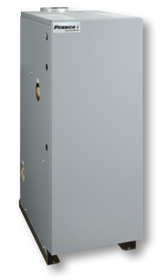Silver rectangular gas boiler with Pennco branding, access panels, and brass fittings on front and sides.