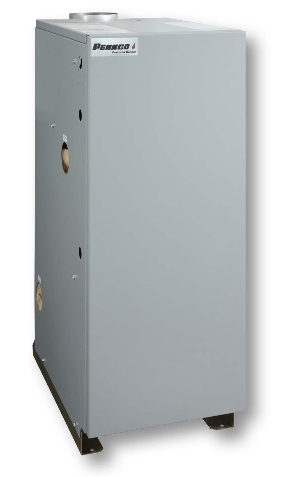 Silver rectangular gas boiler with Pennco branding, access panels, and brass fittings on front and sides.