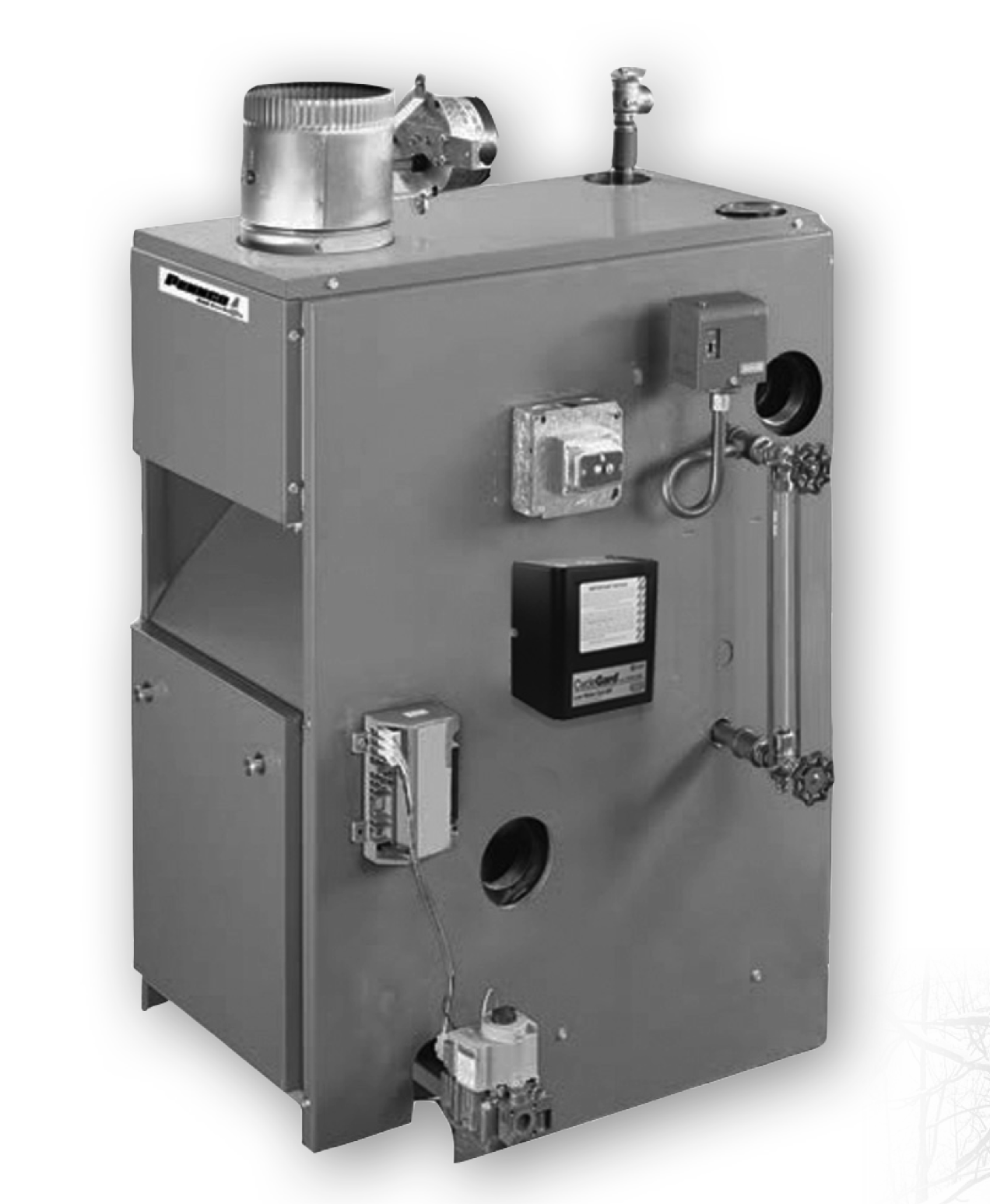 Cast iron natural gas boiler with silver cylindrical combustion chamber on top, control panel with gauges and valves on front