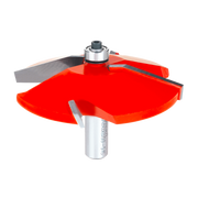 Raised panel router bit with red cutting head, silver shank, and gray cutting knives for woodworking.