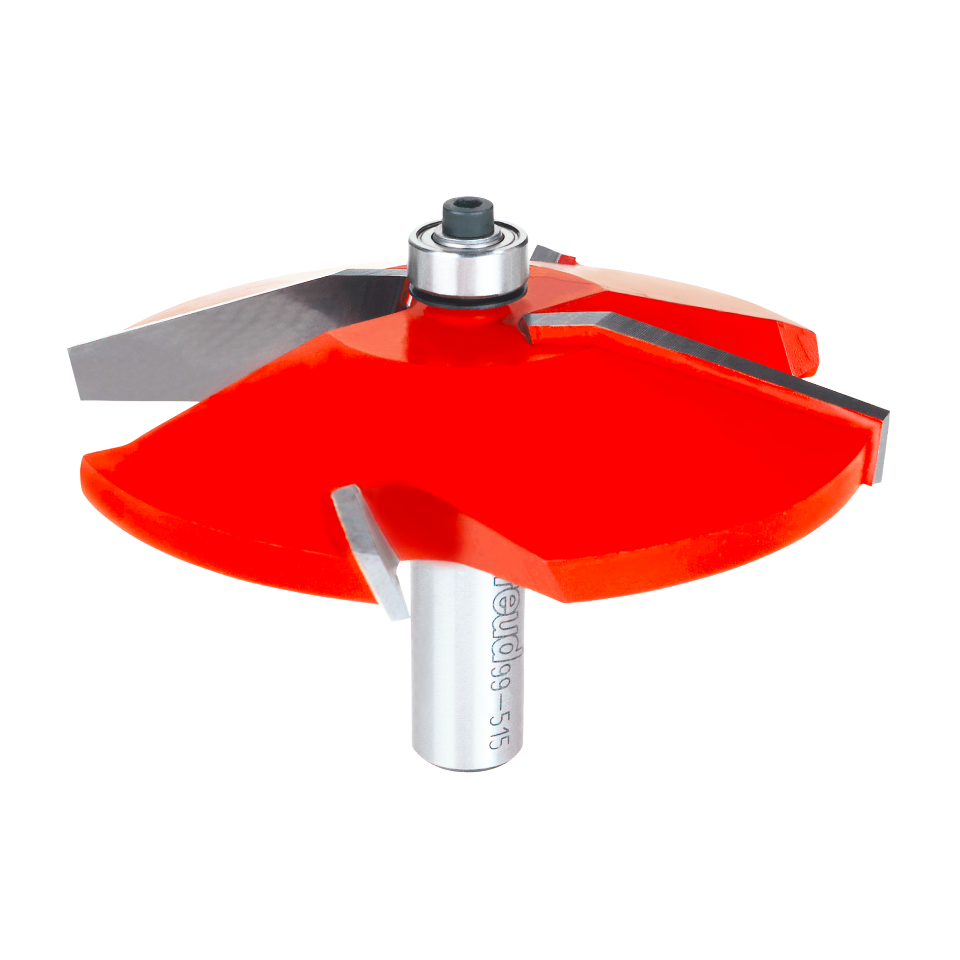 Raised panel router bit with red cutting head, silver shank, and gray cutting knives for woodworking.