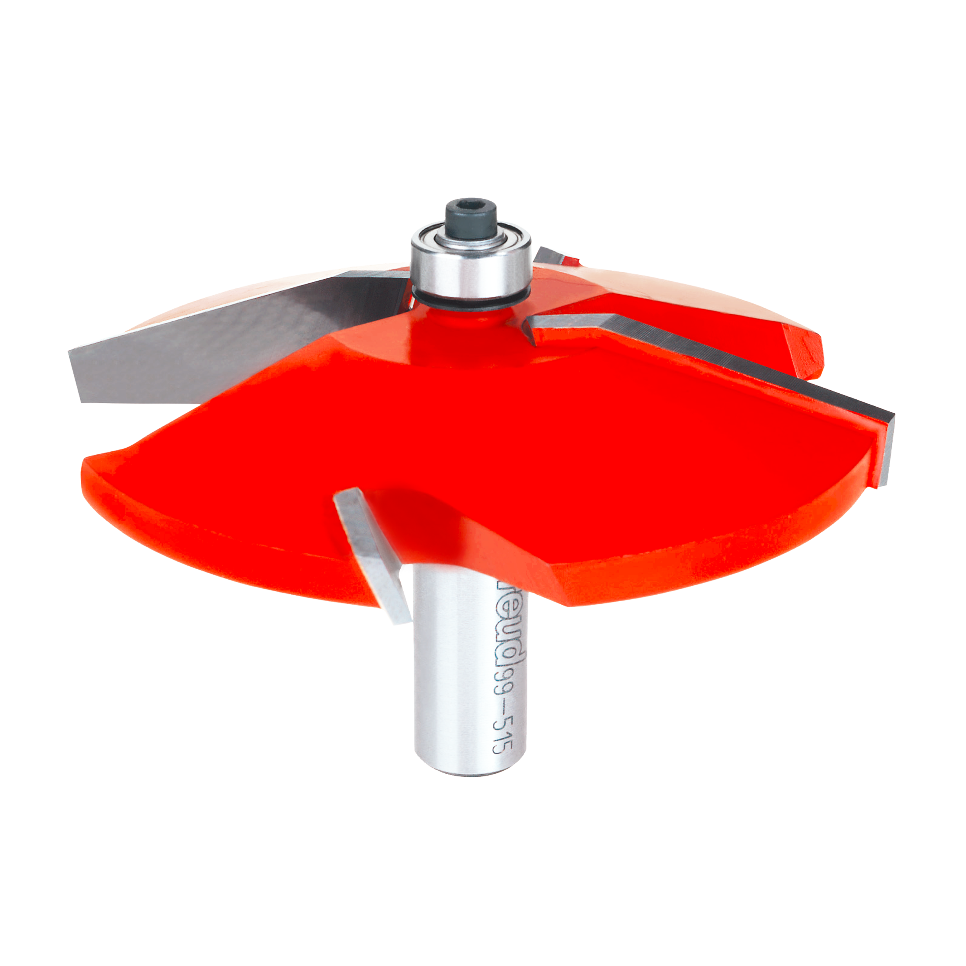 Raised panel router bit with red cutting head, silver shank, and gray cutting knives for woodworking.
