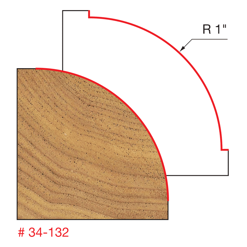 Freud 34-132 rounding over bit with 1-inch radius, shown cutting a rounded edge on wood.