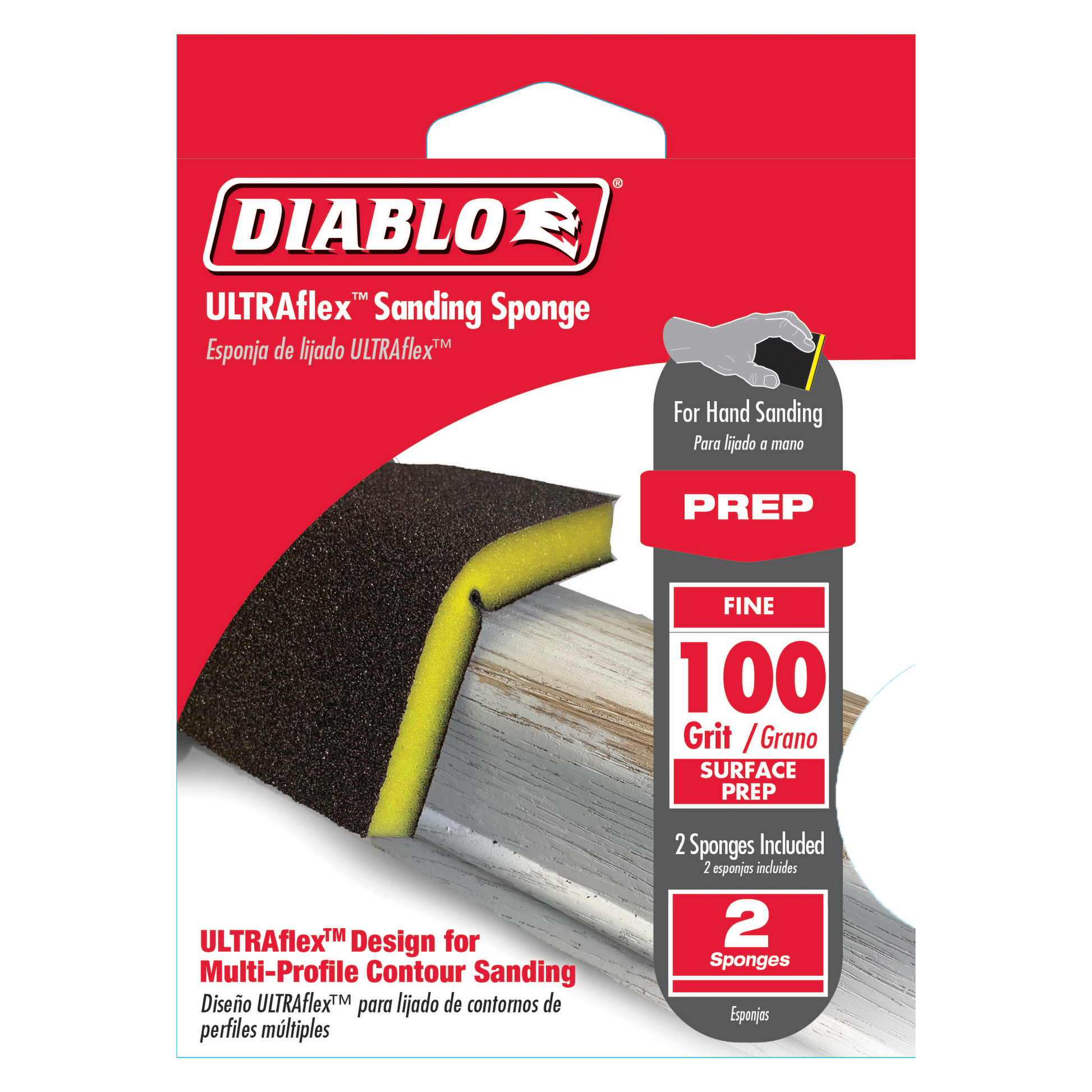Two Diablo ULTRAflex 100-grit medium sanding sponges with black abrasive surface and yellow foam core.