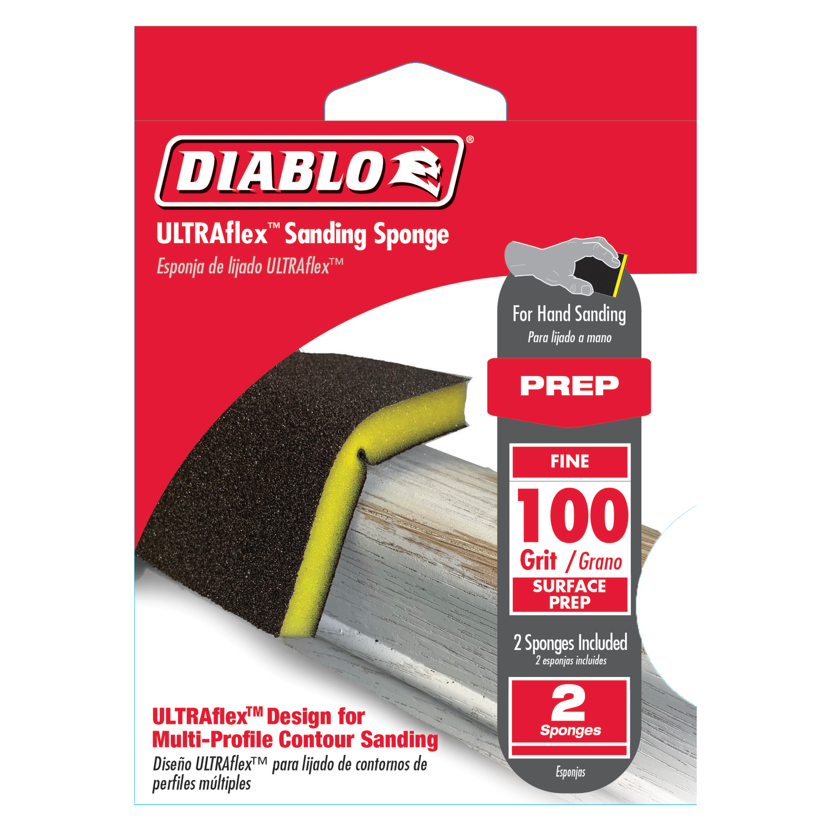Two Diablo ULTRAflex 100-grit medium sanding sponges with black abrasive surface and yellow foam core.