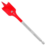 Two red and gray spade bits with flat, wide heads and hex shanks for drilling.