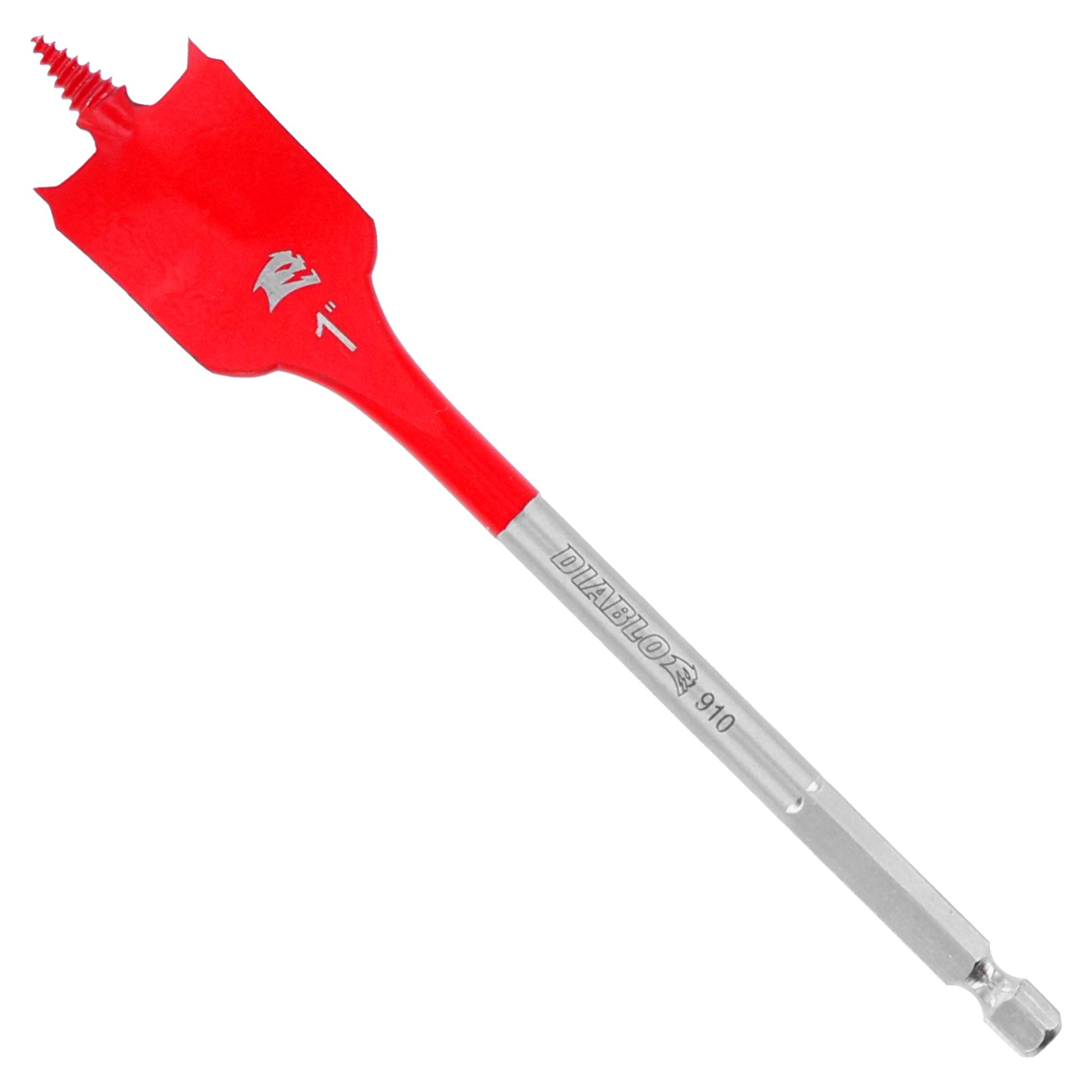 Red and gray spade bit with wide flat head and threaded shank for drill attachment.