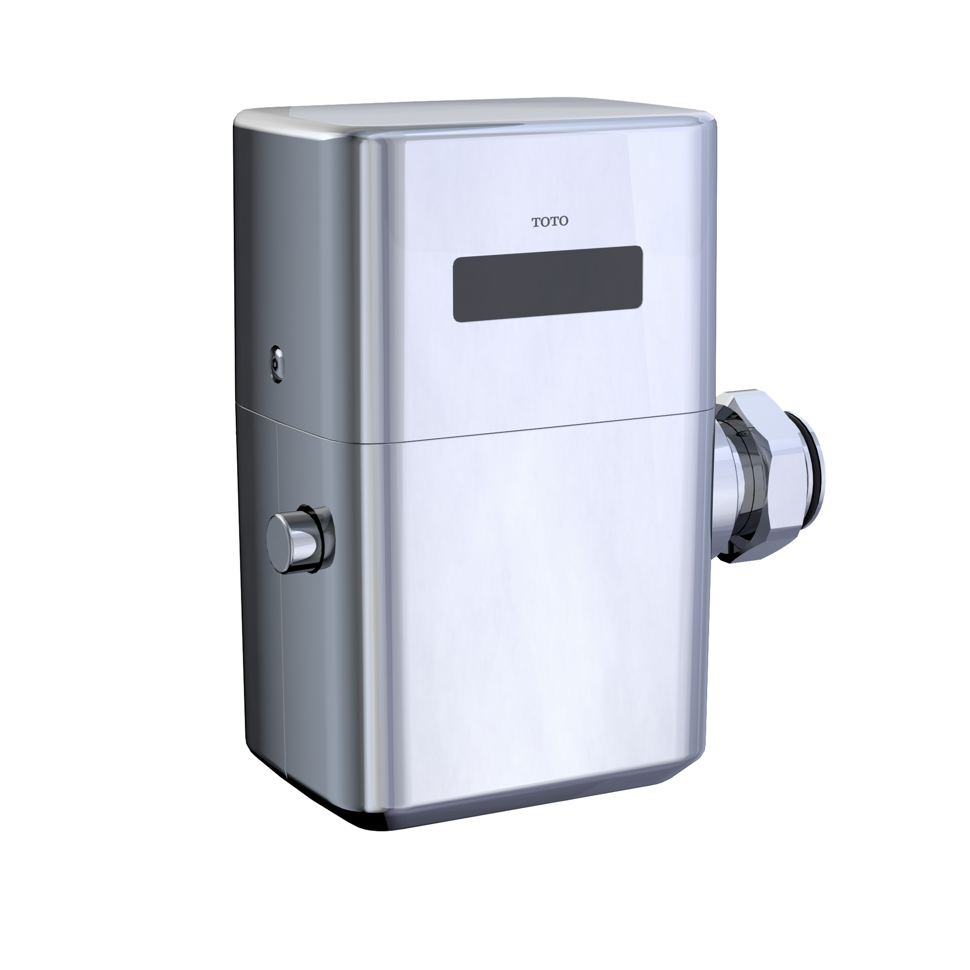 Toto Ecopower touchless toilet flush valve in polished chrome with sensor panel and side-mounted connection ports.