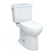 White two-piece elongated toilet with soft-close seat and separate tank.