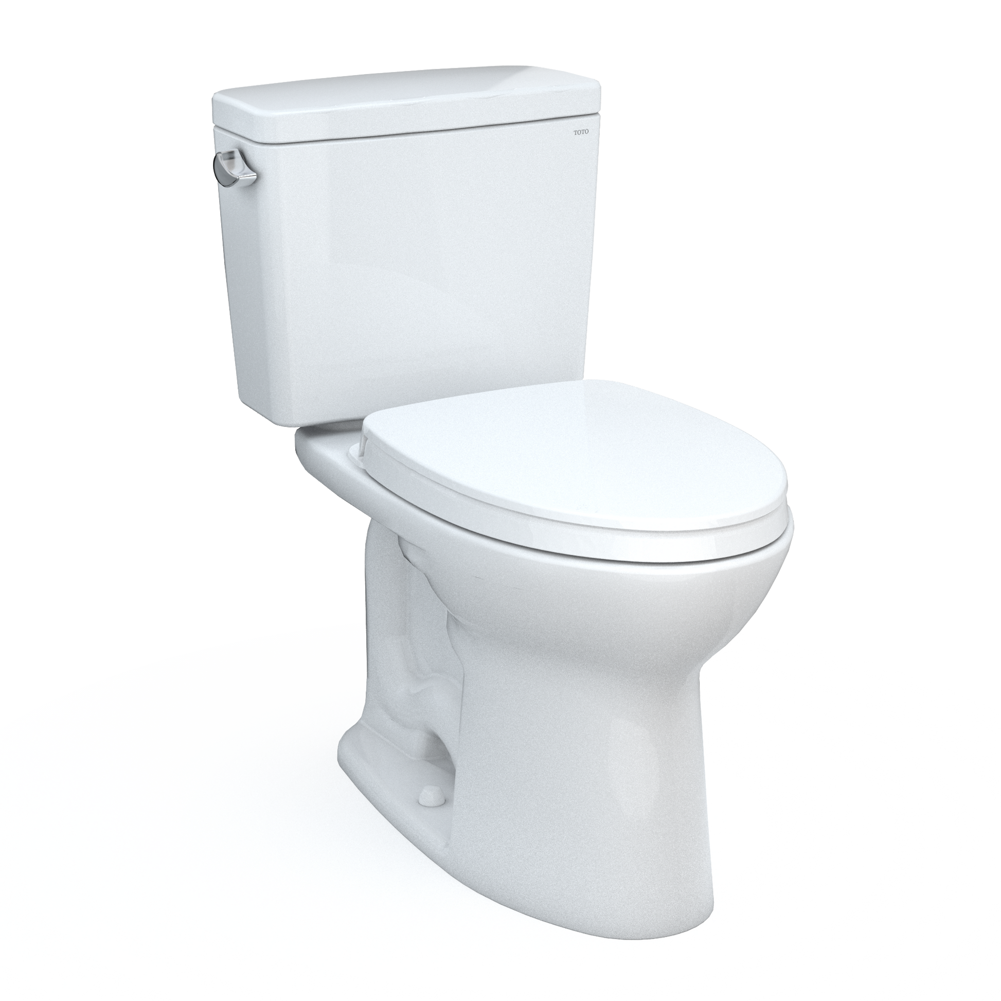 White two-piece elongated toilet with soft-close seat and separate tank.