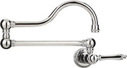 Chrome wall-mount pot filler faucet with curved spout and traditional handle lever.