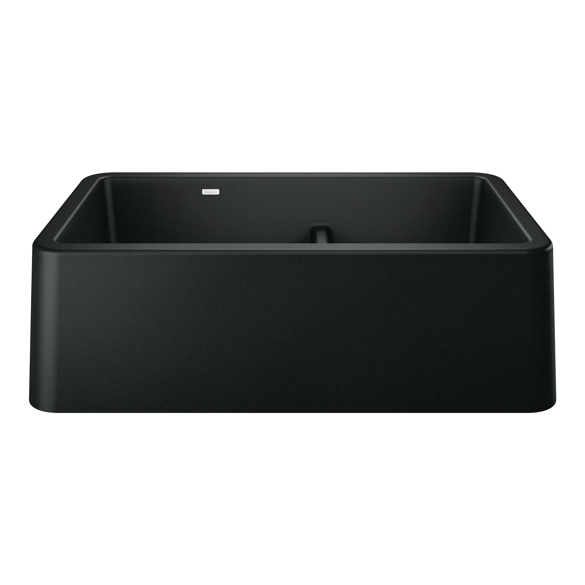 Coal black double bowl farmhouse sink with rounded corners and low center divider.