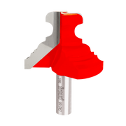 Freud multi-profile router bit with red plastic guard and gray metal shank showing decorative edge cutting profile.