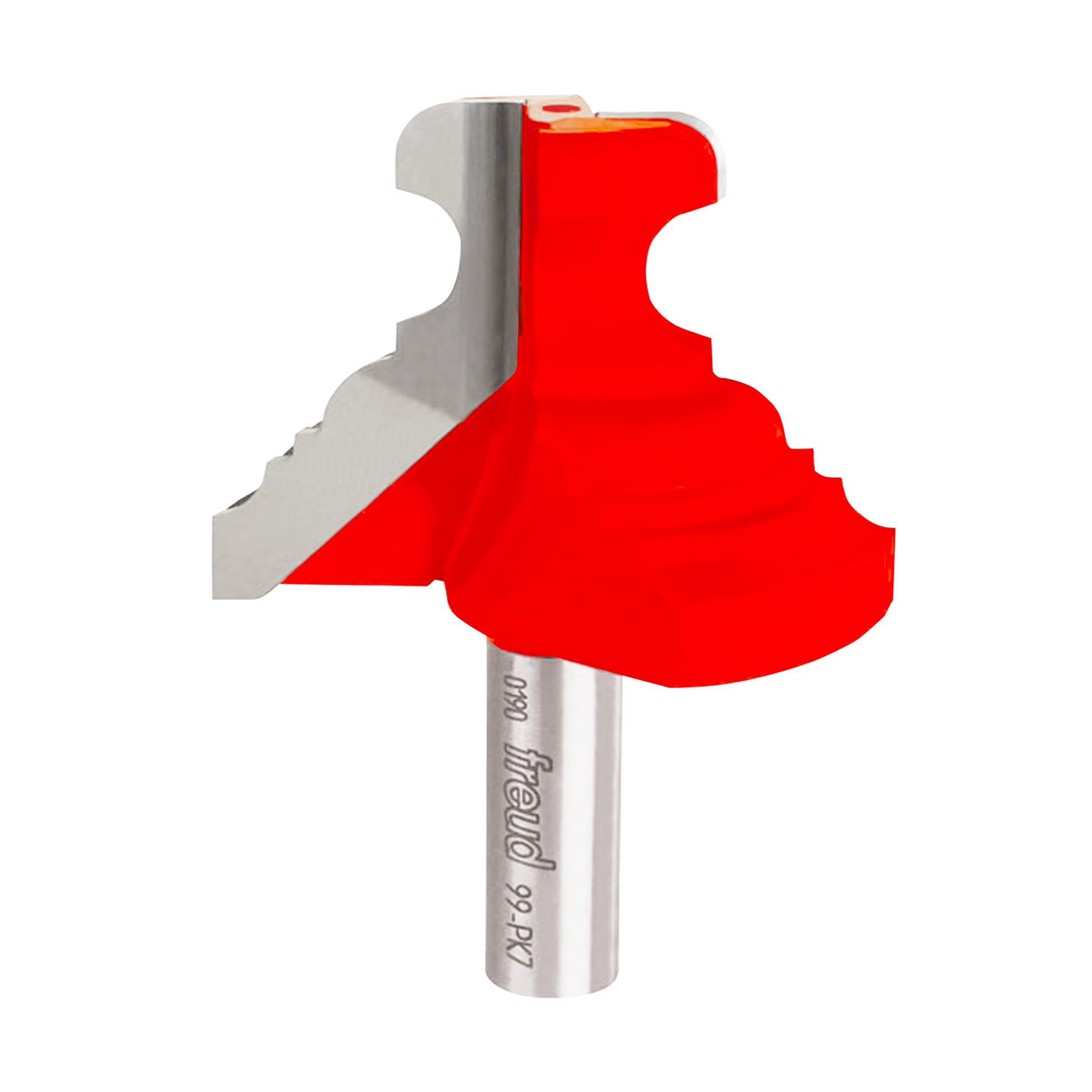 Freud multi-profile router bit with red plastic guard and gray metal shank showing decorative edge cutting profile.