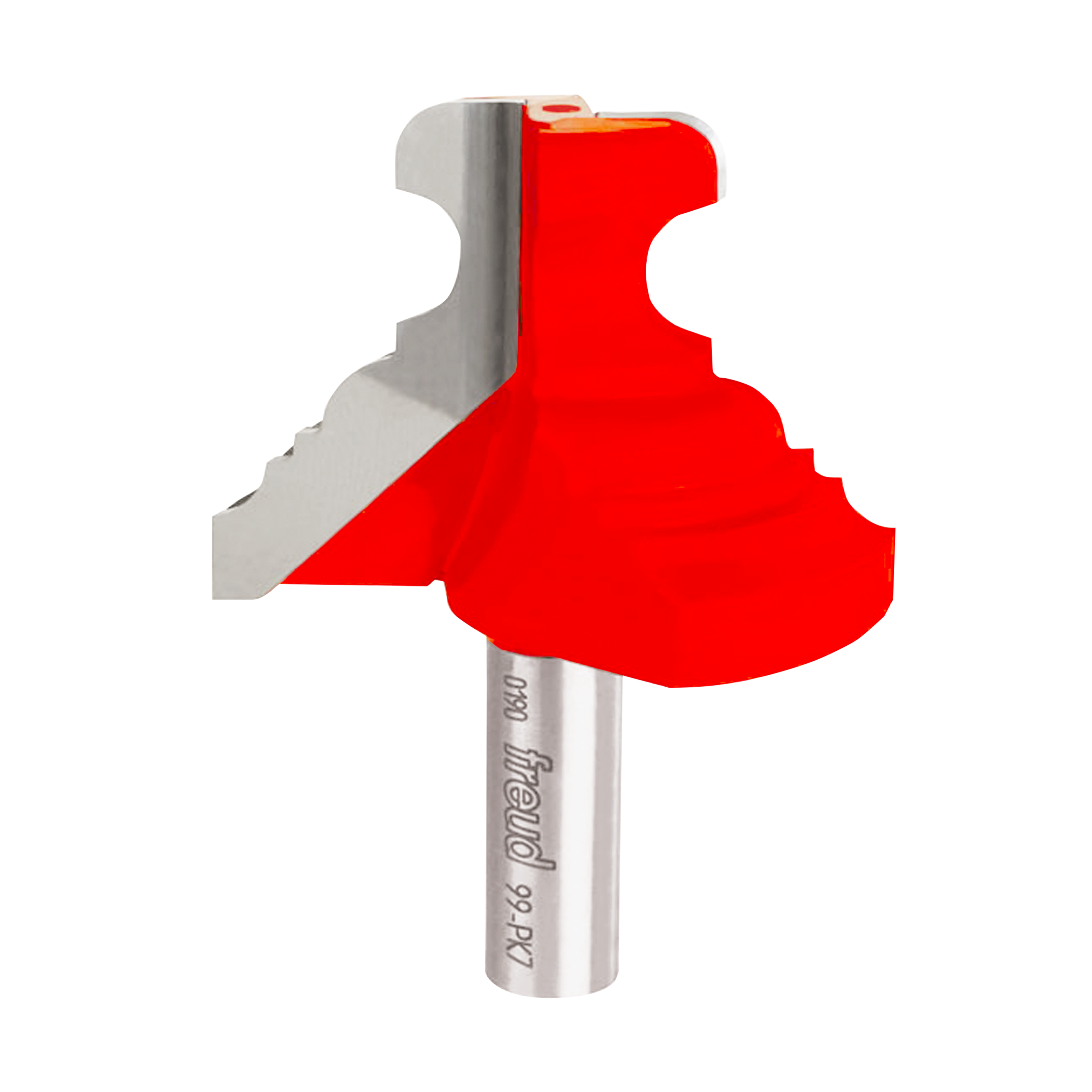 Freud multi-profile router bit with red plastic guard and gray metal shank showing decorative edge cutting profile.
