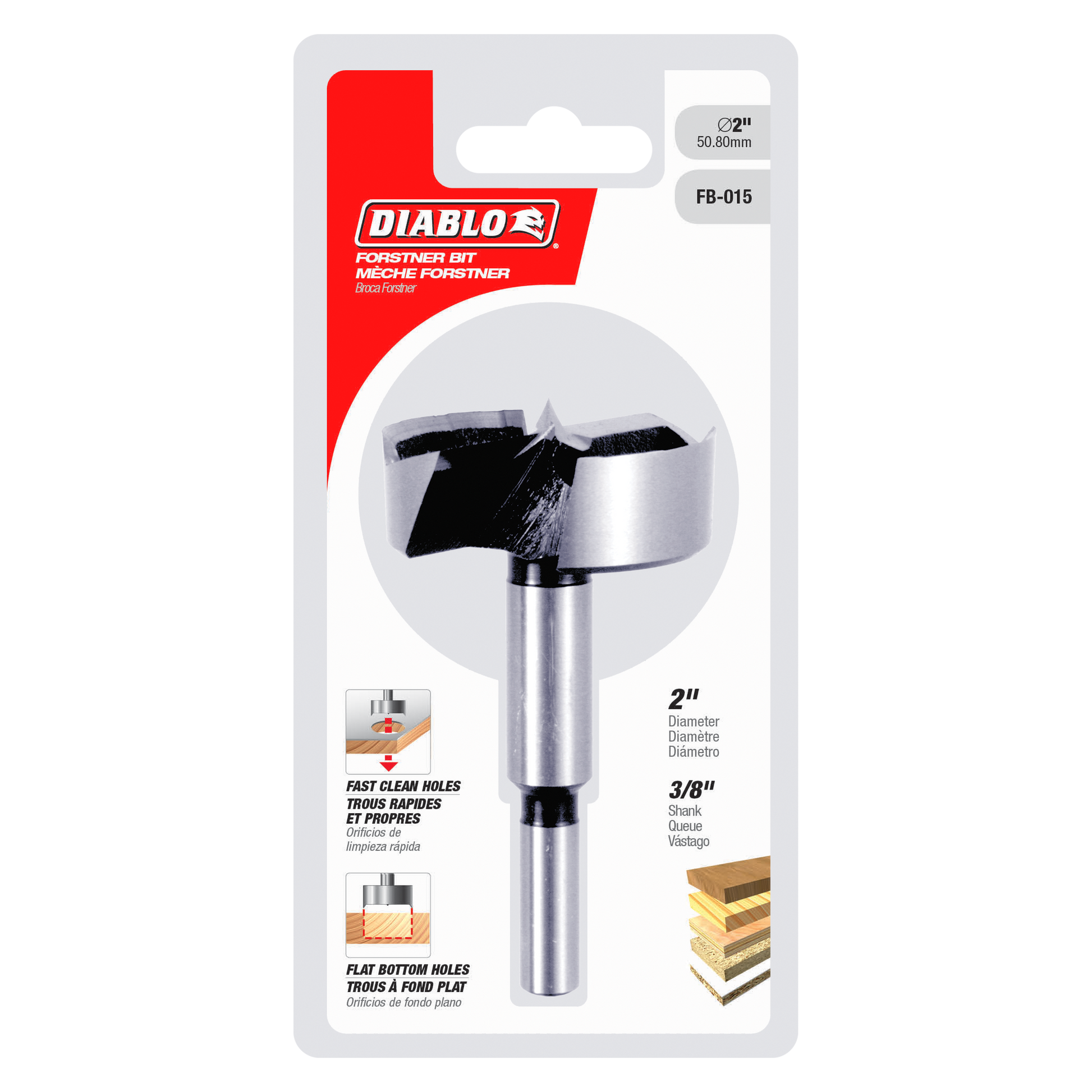 Diablo FB-015 2-inch Forstner bit with silver shank and black cutting head on packaging card.