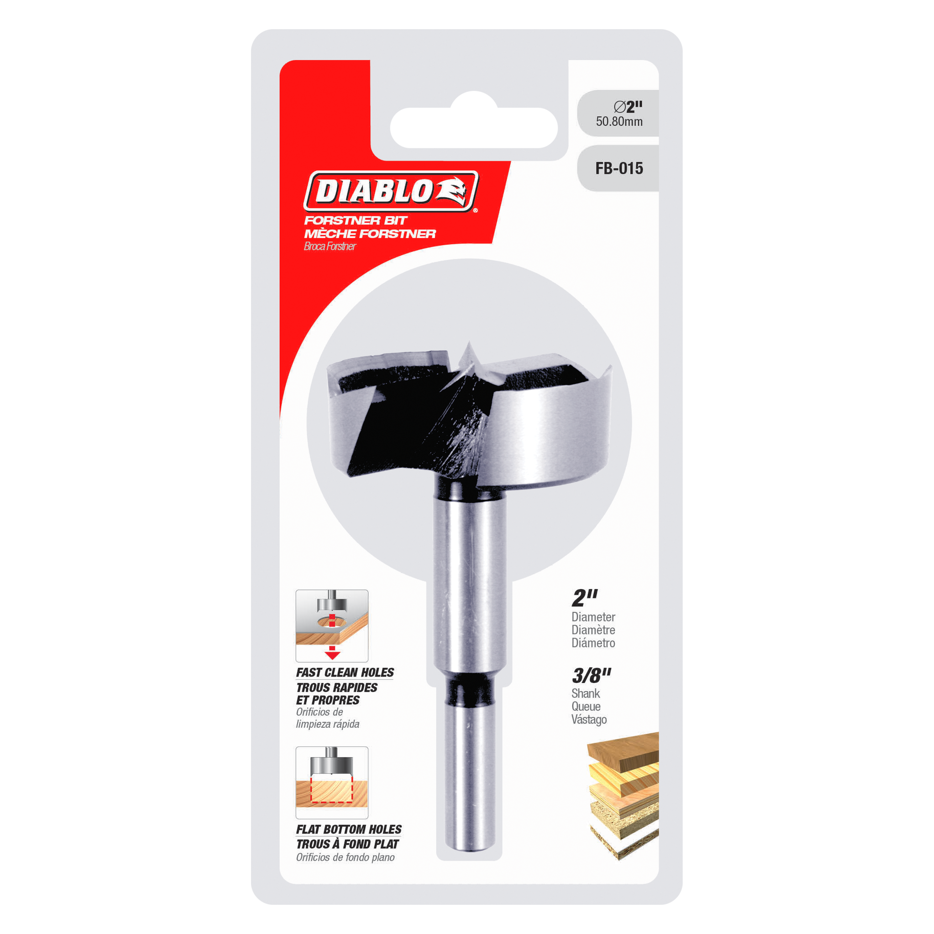 Diablo FB-015 2-inch Forstner bit with silver shank and black cutting head on packaging card.