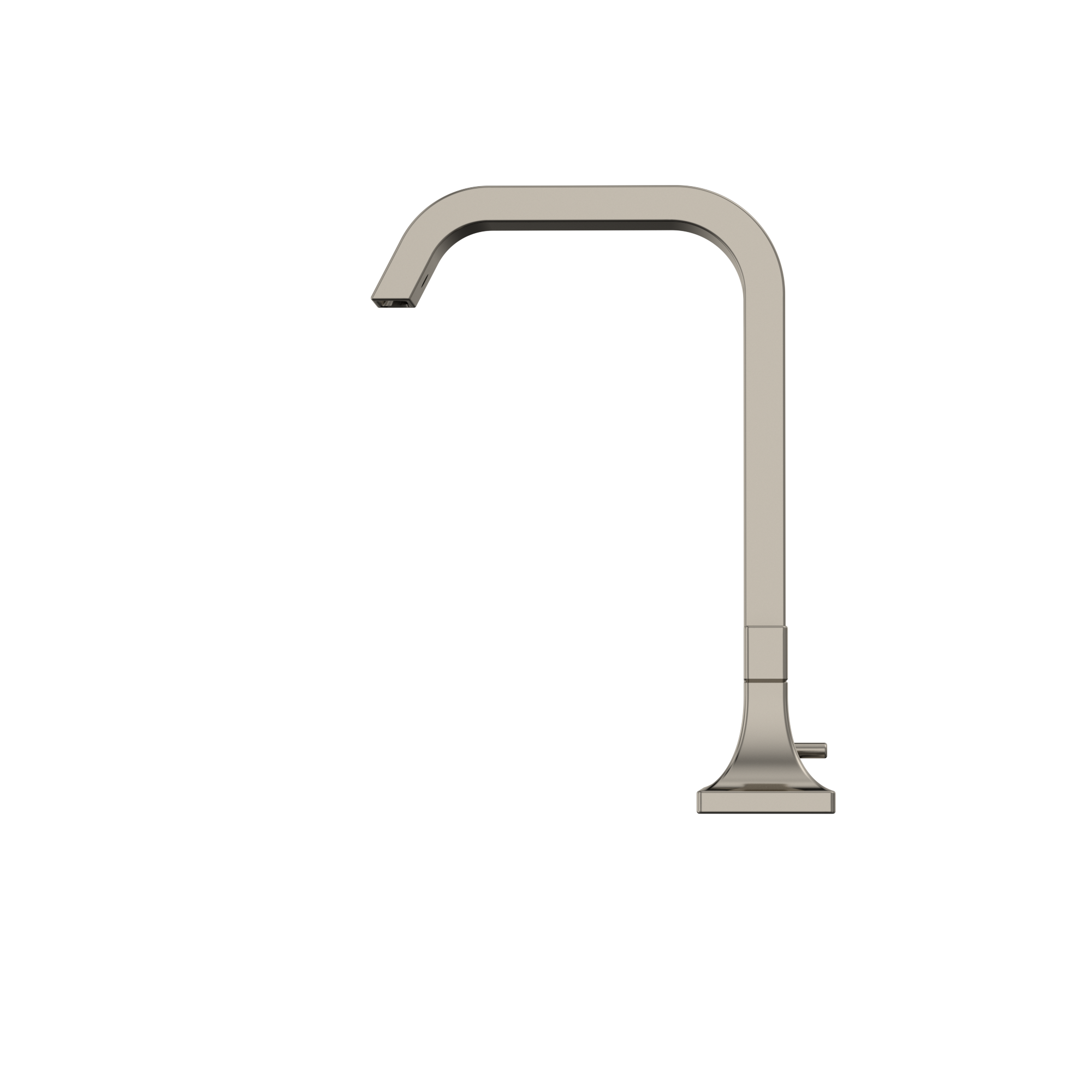 Polished nickel single-spout bathroom sink faucet with tall angular neck and square base.