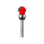 Round nose router bit with red cutting head, metal shank, and bearing collar.