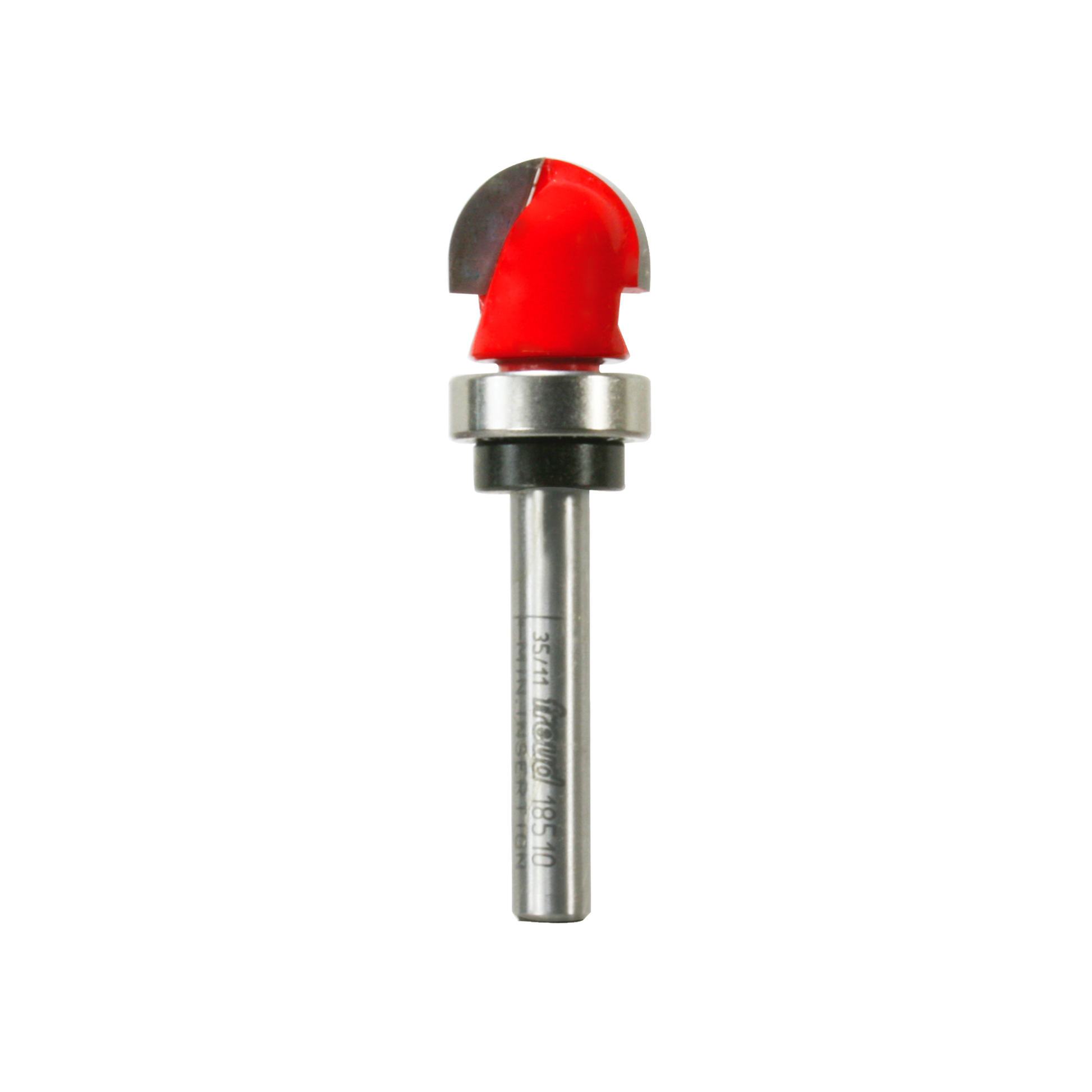 Round nose router bit with red cutting head, metal shank, and bearing collar.