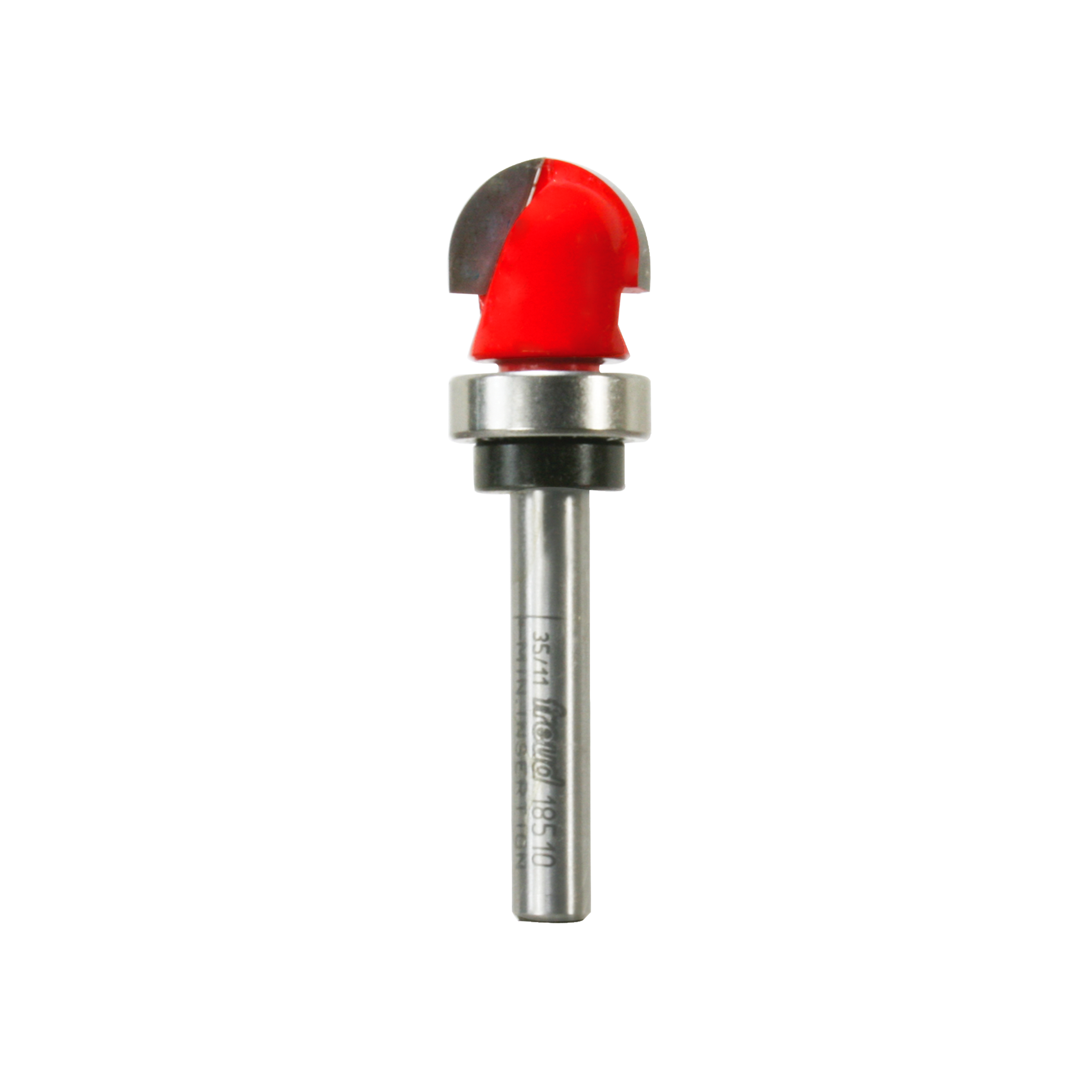 Round nose router bit with red cutting head, metal shank, and bearing collar.