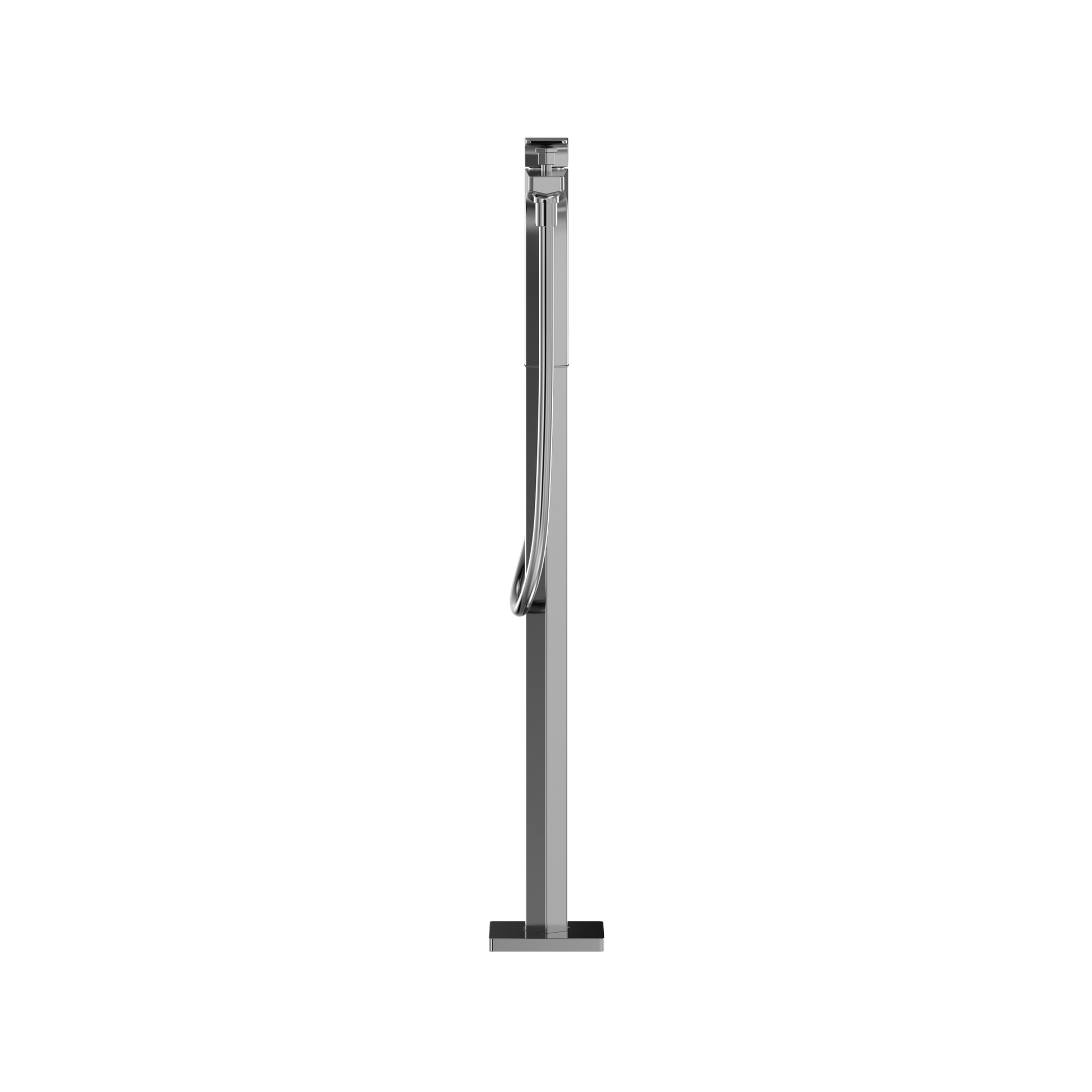 Polished chrome free-standing tub filler with single handle and detachable handshower on flexible hose.
