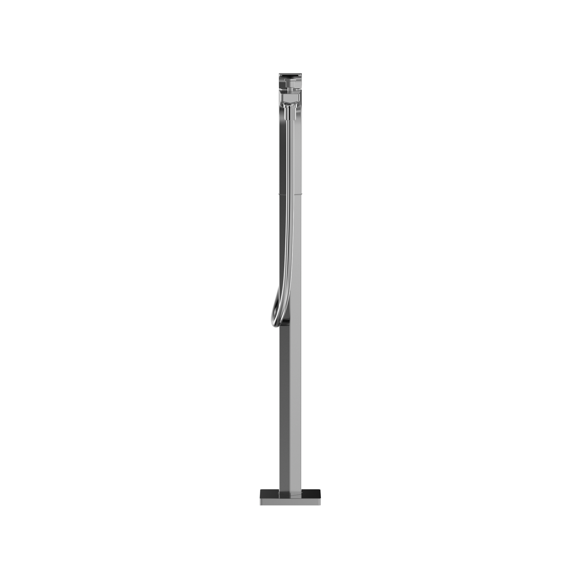 Polished chrome free-standing tub filler with single handle and detachable handshower on flexible hose.
