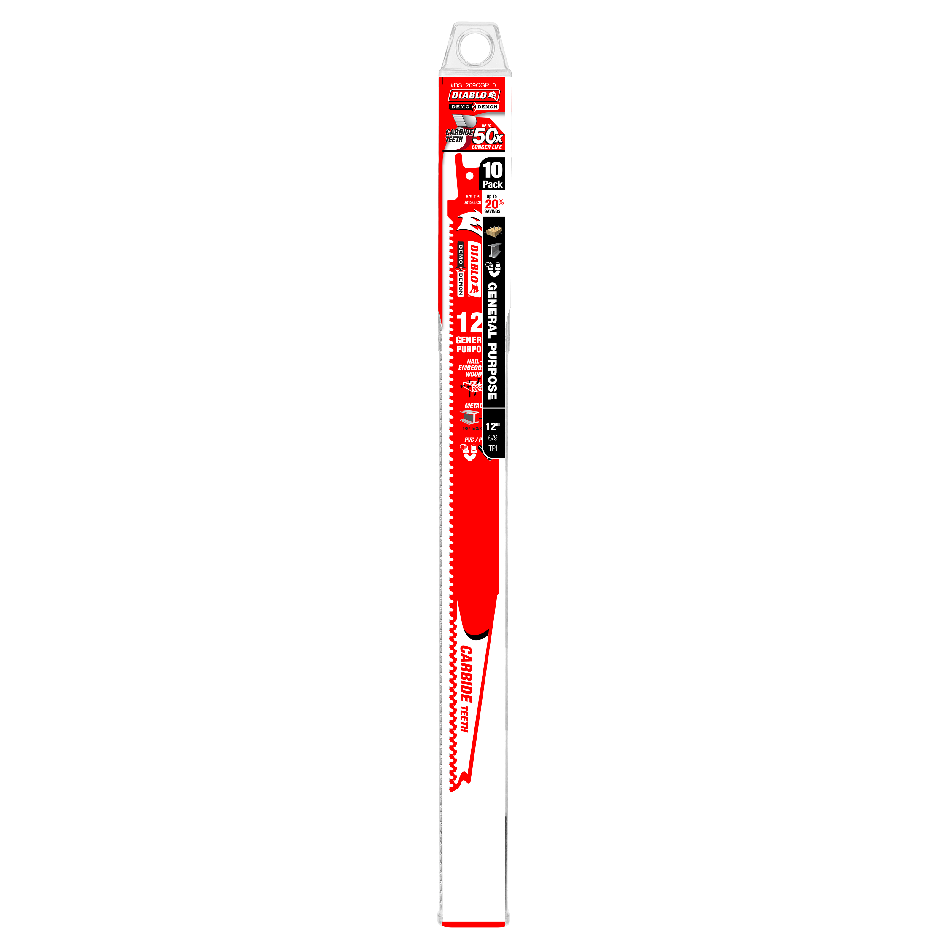 Ten-pack of 12-inch Diablo Demo Demon carbide reciprocating saw blades with red packaging and hanging loop.