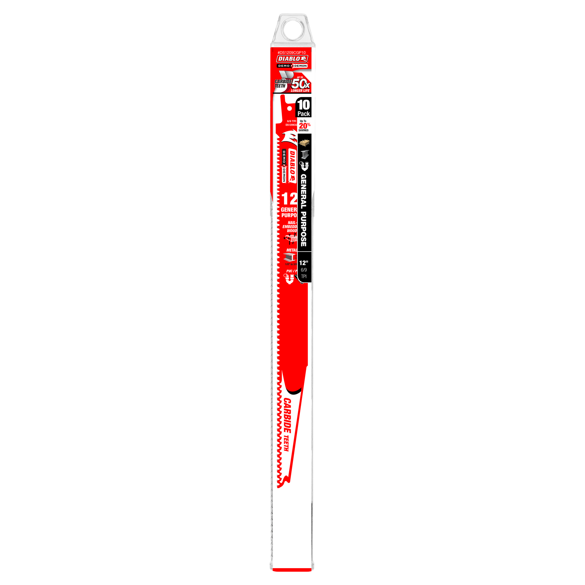Ten-pack of 12-inch Diablo Demo Demon carbide reciprocating saw blades with red and black packaging.