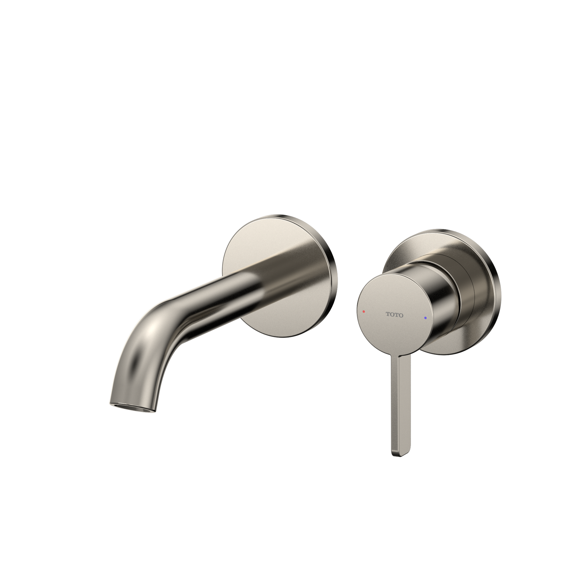 Polished nickel wall-mount bathroom faucet with single lever handle and curved spout.
