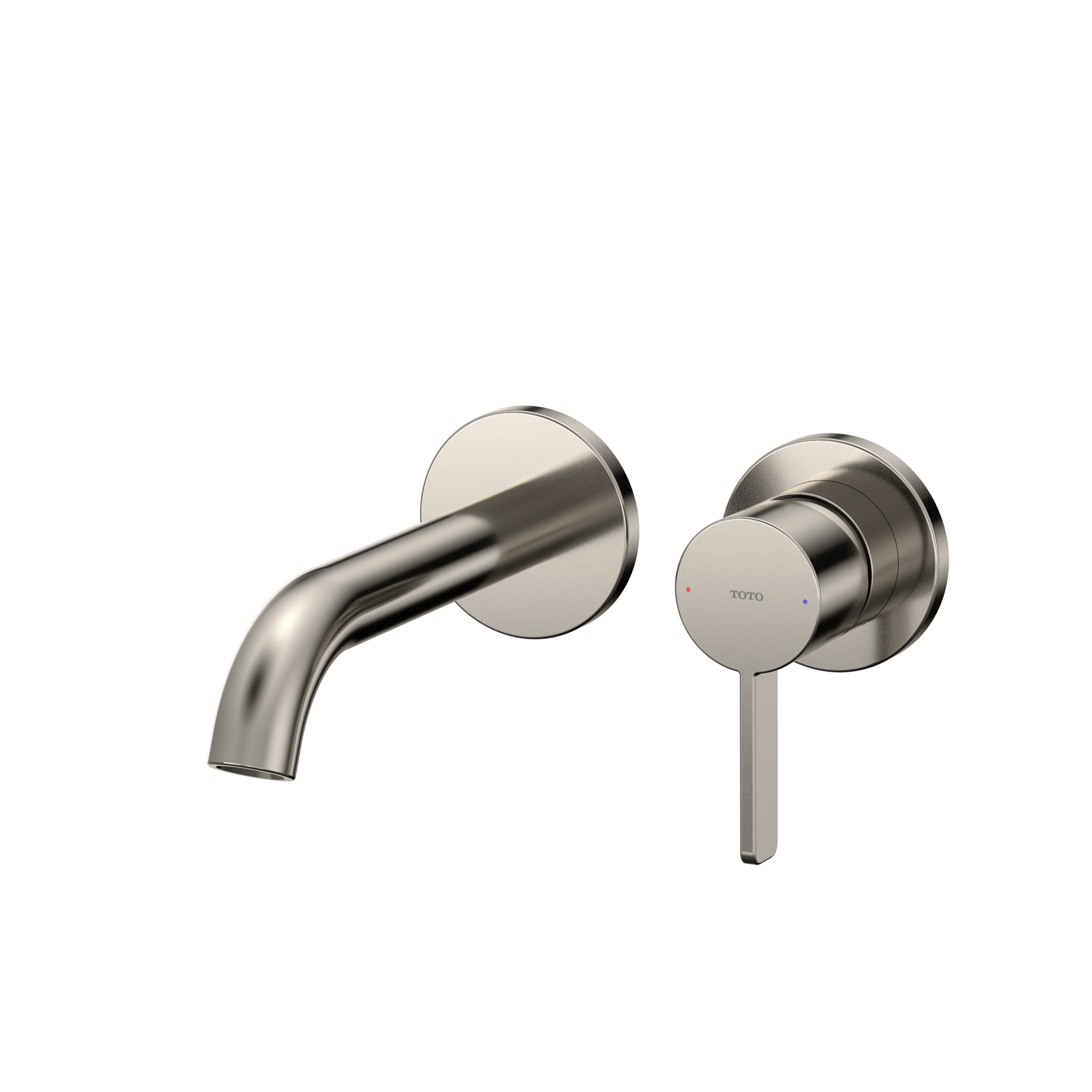 Polished nickel wall-mount bathroom faucet with single lever handle and curved spout.