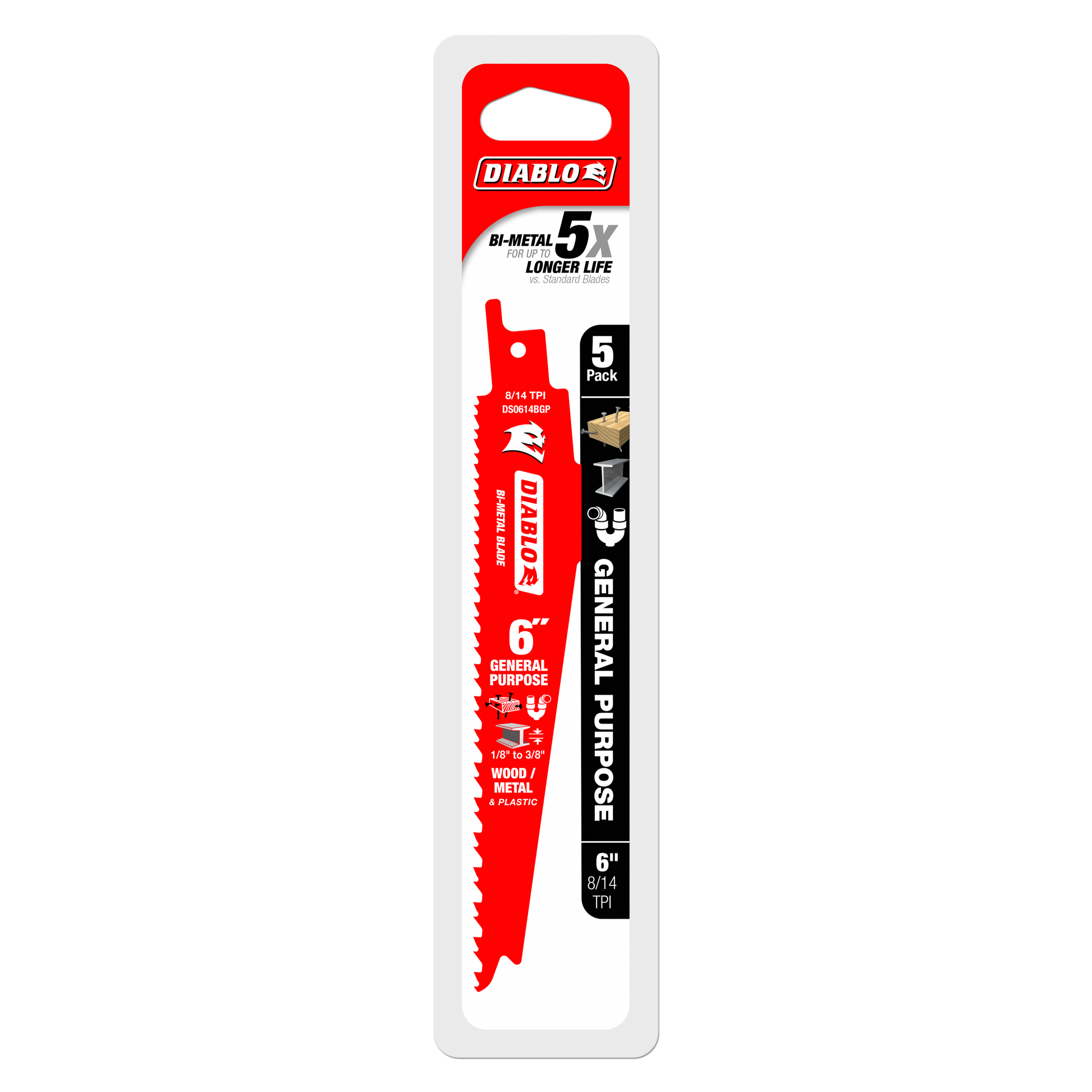 Five-pack of 6-inch bi-metal reciprocating saw blades with serrated teeth for cutting wood, metal, and plastic.