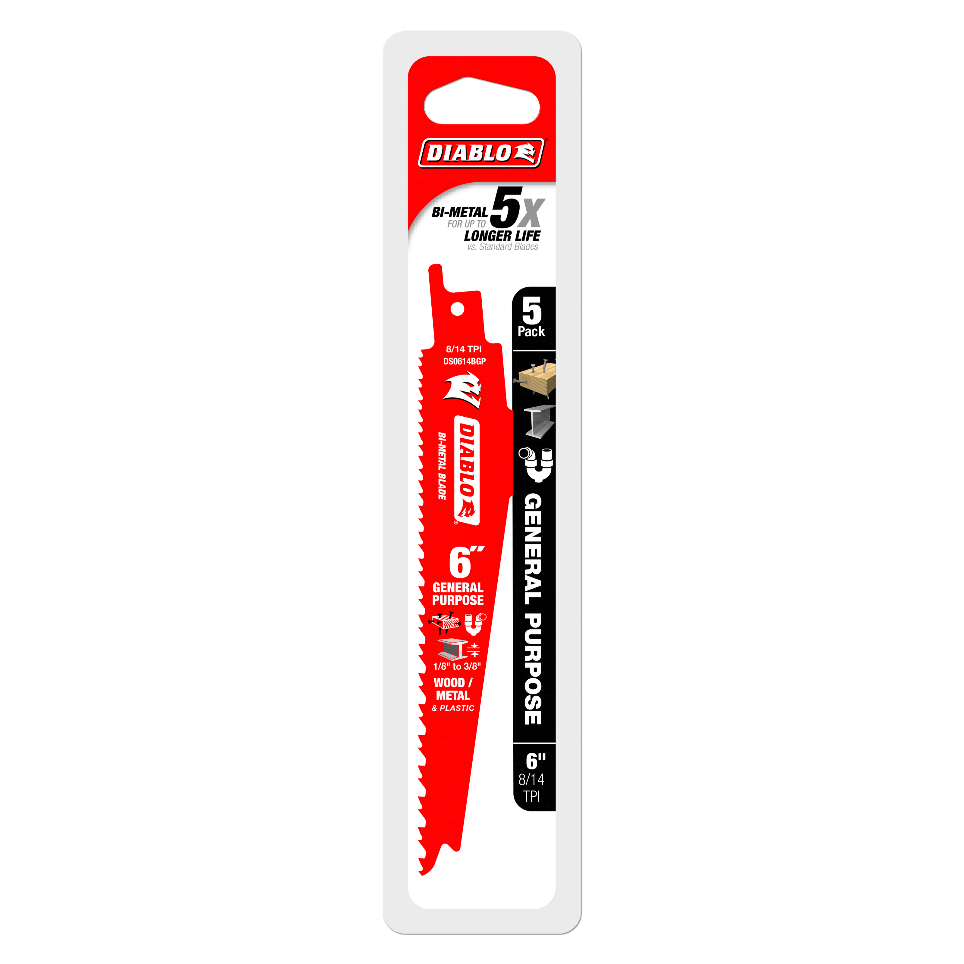 Five-pack of 6-inch bi-metal reciprocating saw blades with serrated teeth for cutting wood, metal, and plastic.