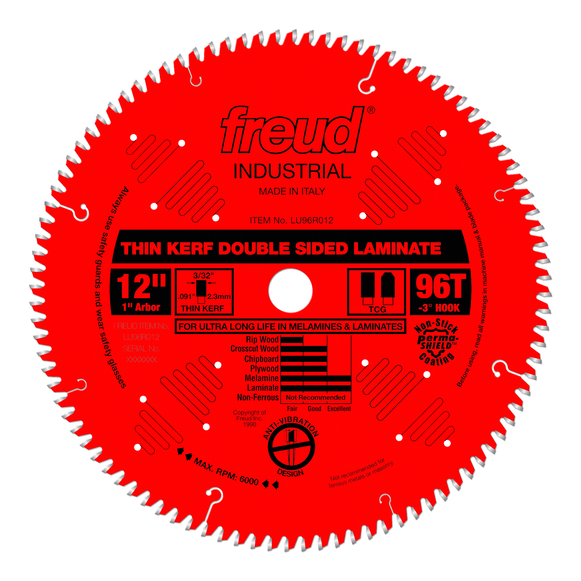 Red circular saw blade with 96 teeth, 12 inch diameter, labeled Freud Industrial thin kerf double sided laminate blade.