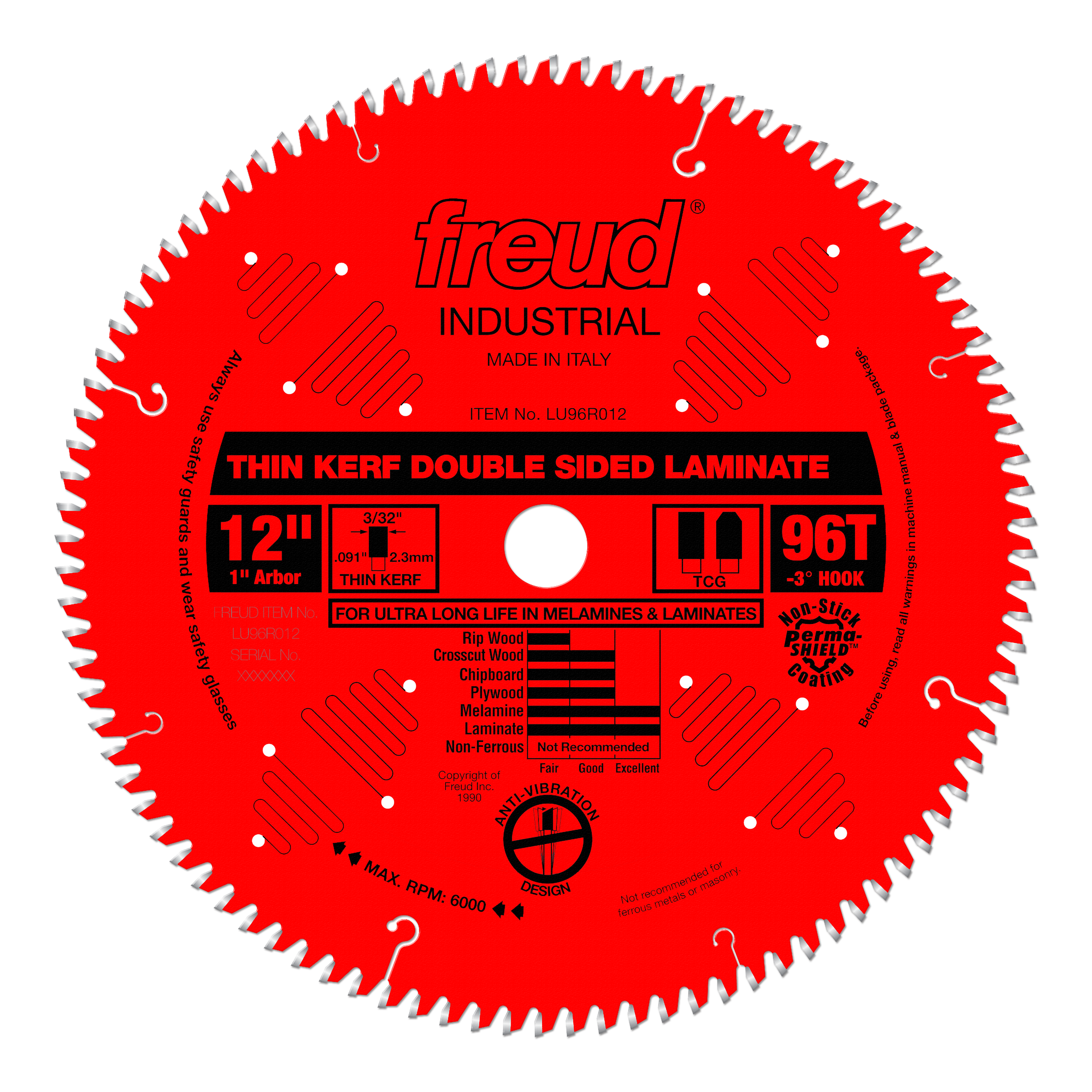 Red circular saw blade with 96 teeth, 12 inch diameter, labeled Freud Industrial thin kerf double sided laminate blade.