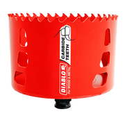 Red cylindrical holesaw with carbide-tipped teeth around the top edge and black rubber base pad.