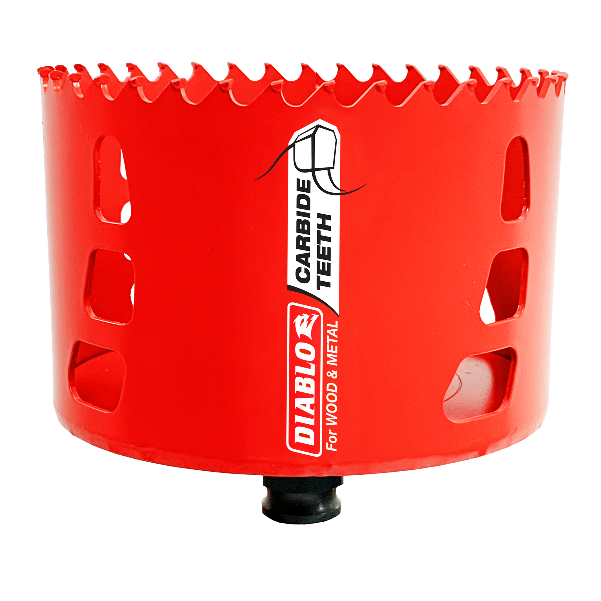 Red cylindrical holesaw with carbide-tipped teeth around the top edge and black rubber base pad.