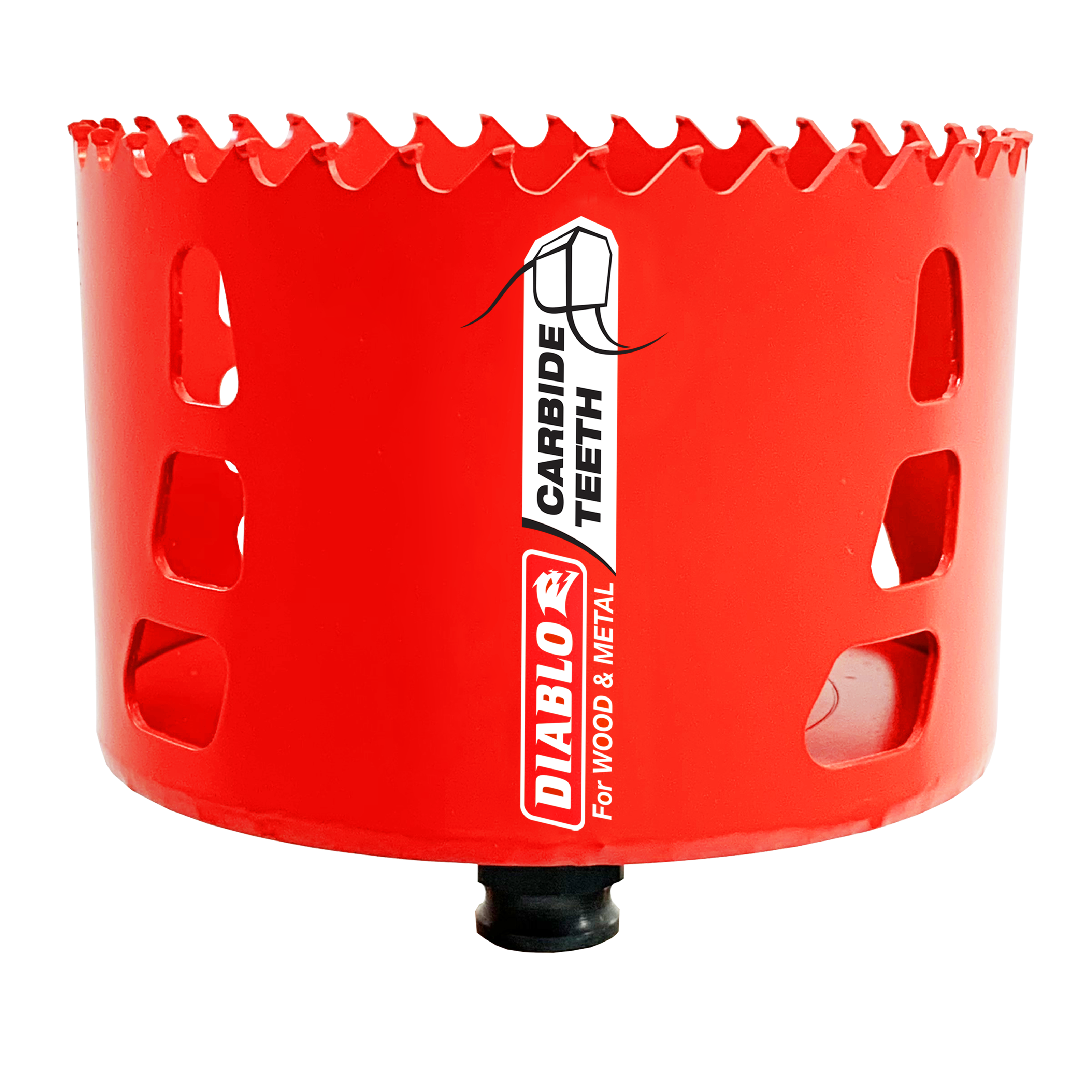 Red cylindrical holesaw with carbide-tipped teeth around the top edge and black rubber base pad.