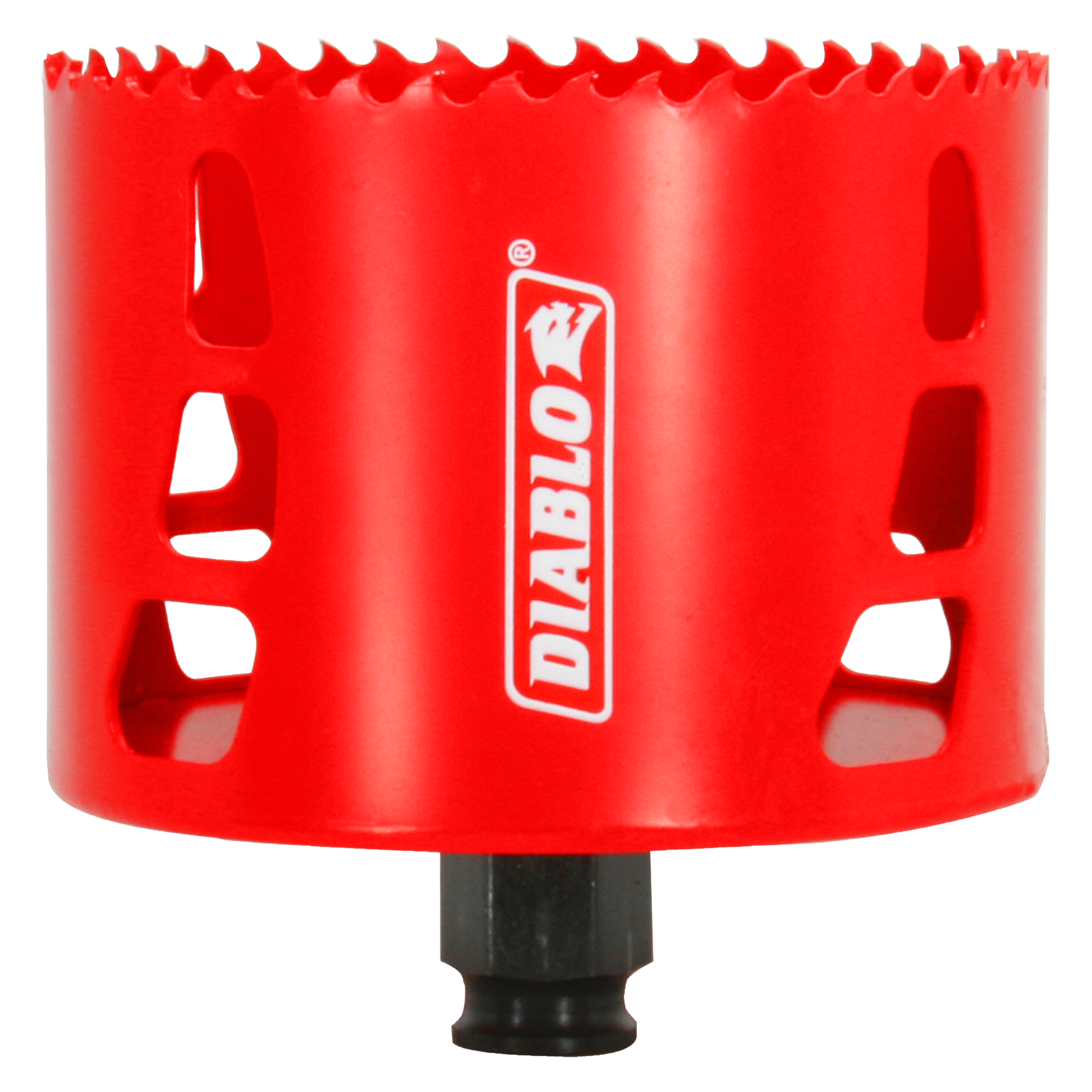 Red cylindrical hole saw with serrated cutting edge and Diablo branding, black threaded arbor attachment below.