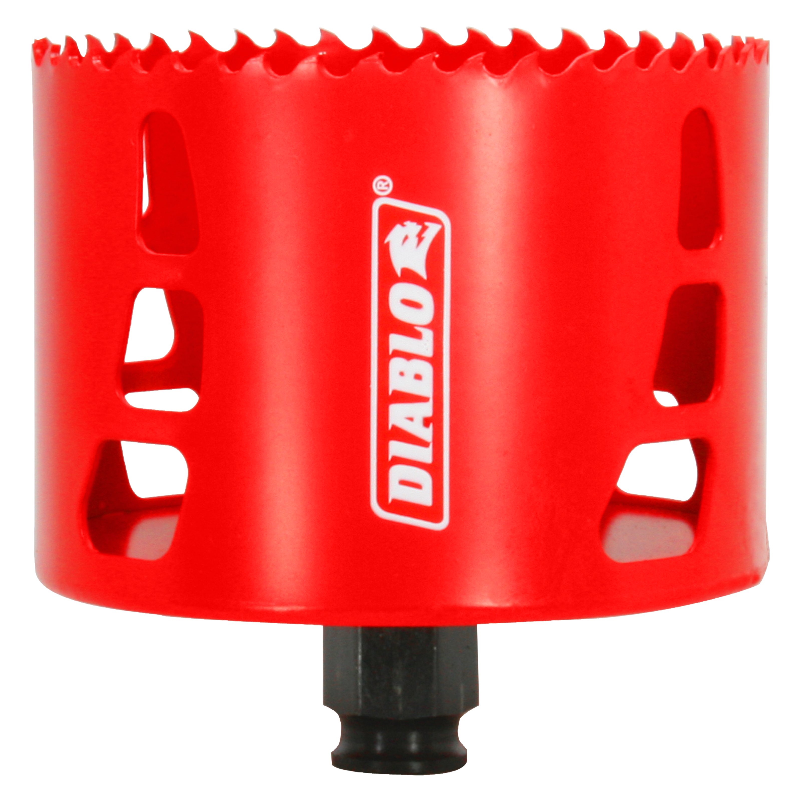 Red cylindrical hole saw with serrated cutting edge and Diablo branding, black threaded arbor attachment below.