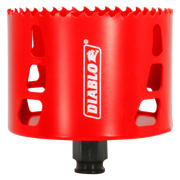 Red cylindrical hole saw with serrated cutting edge, Diablo brand logo, and black arbor attachment at base.