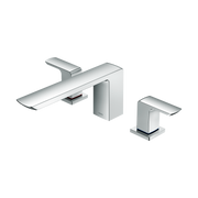 Polished chrome two-handle deck-mount roman tub filler with curved spout and rectangular handles.