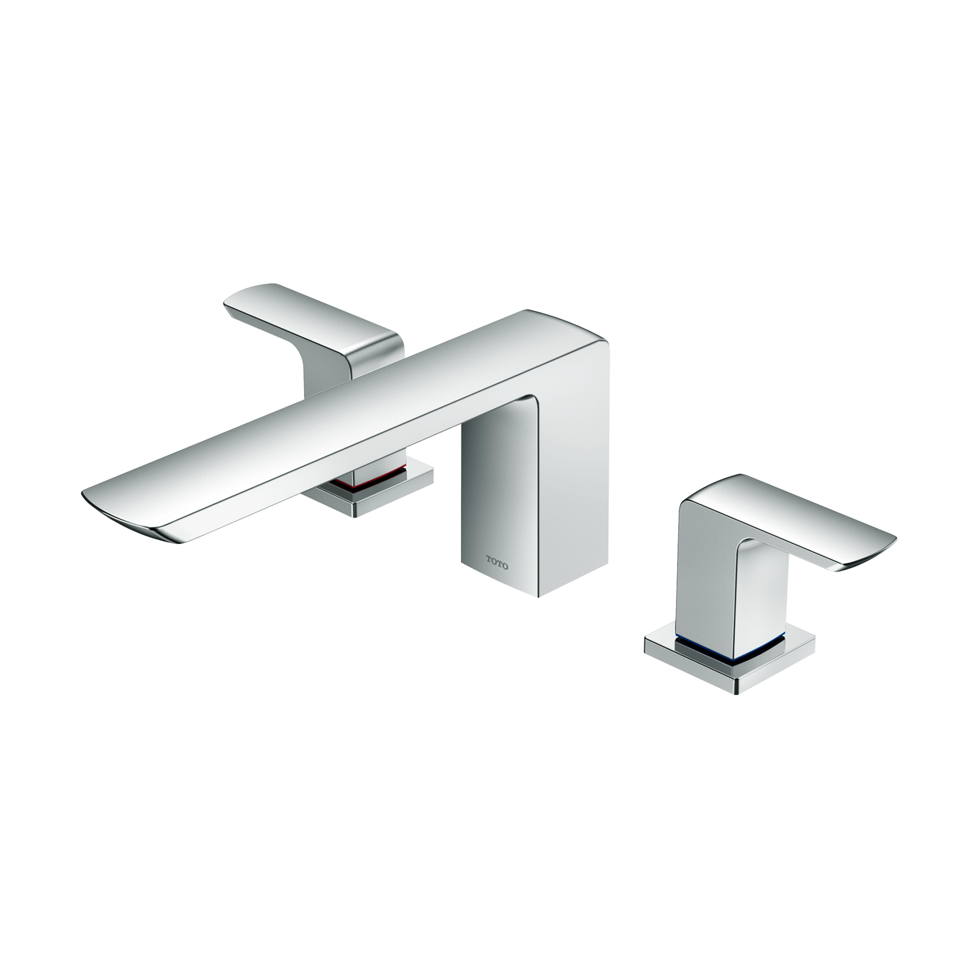 Polished chrome two-handle deck-mount roman tub filler with curved spout and rectangular handles.