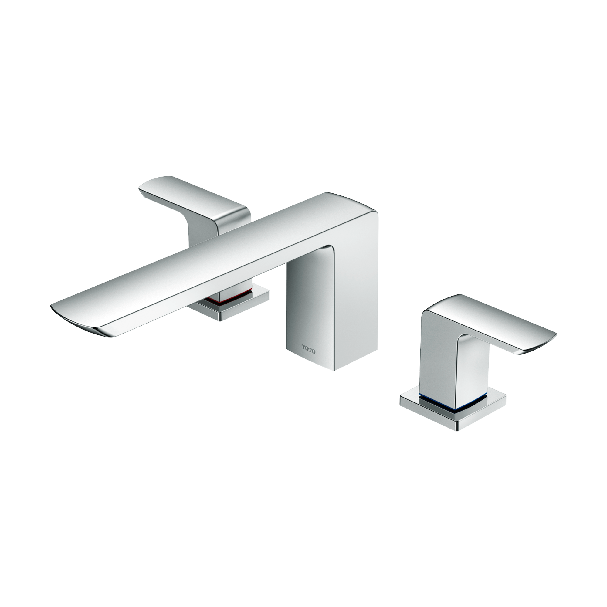 Polished chrome two-handle deck-mount roman tub filler with curved spout and rectangular handles.