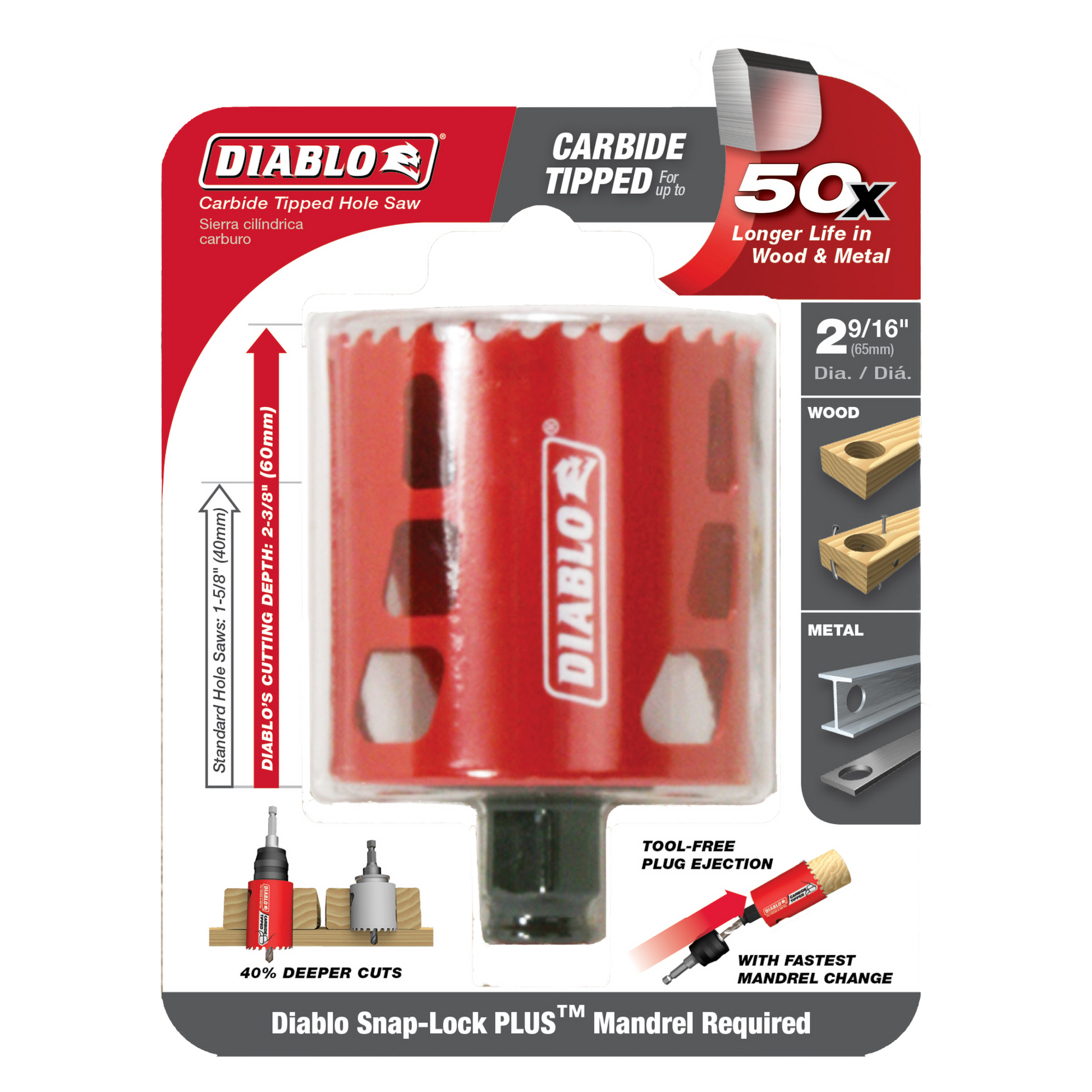 Red Diablo carbide-tipped holesaw with 2-9/16 inch diameter in clear packaging displaying product specifications.