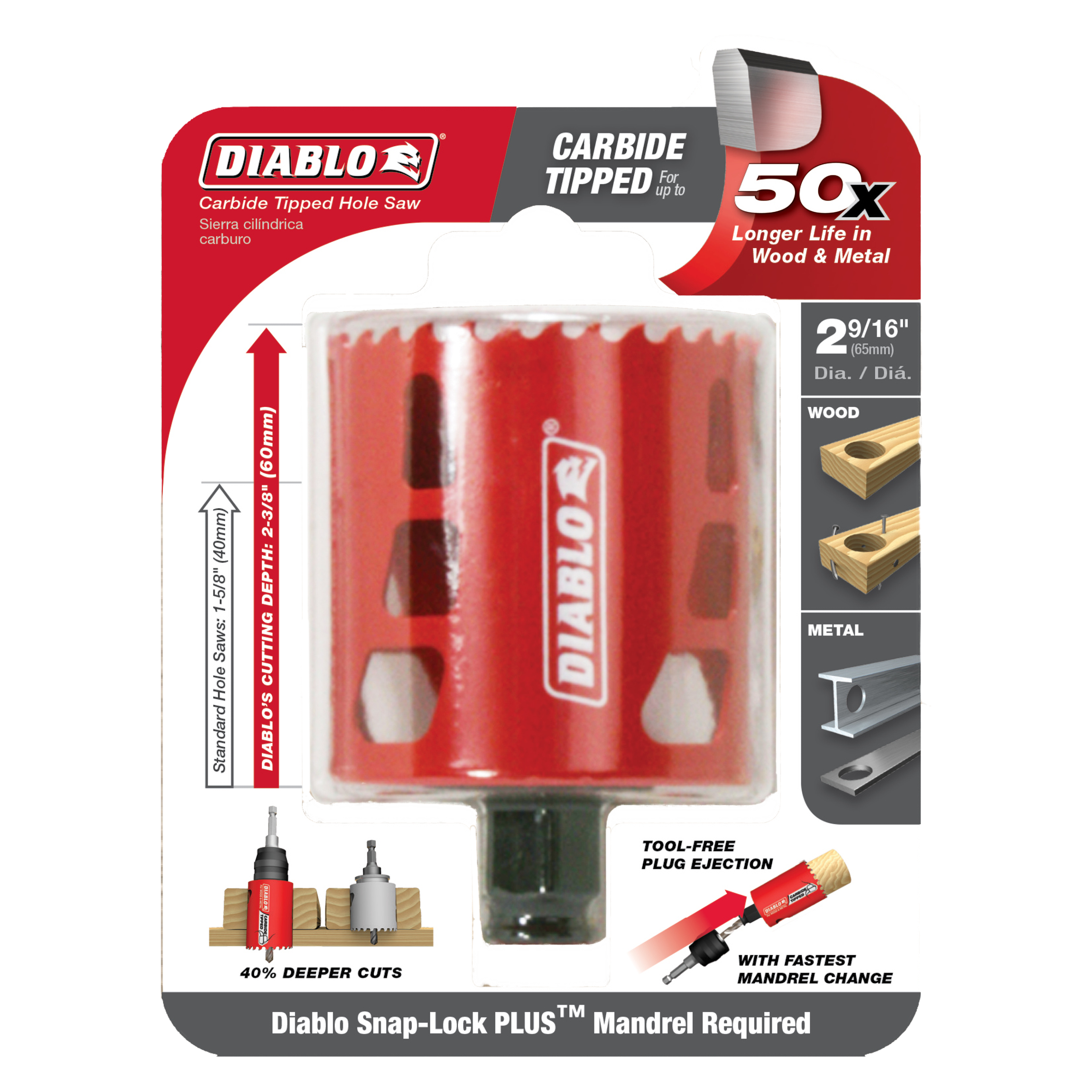 Red Diablo carbide-tipped holesaw with 2-9/16 inch diameter in clear packaging displaying product specifications.
