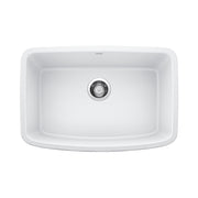 White single undermount kitchen sink with rounded edges and chrome drain strainer, viewed from above.